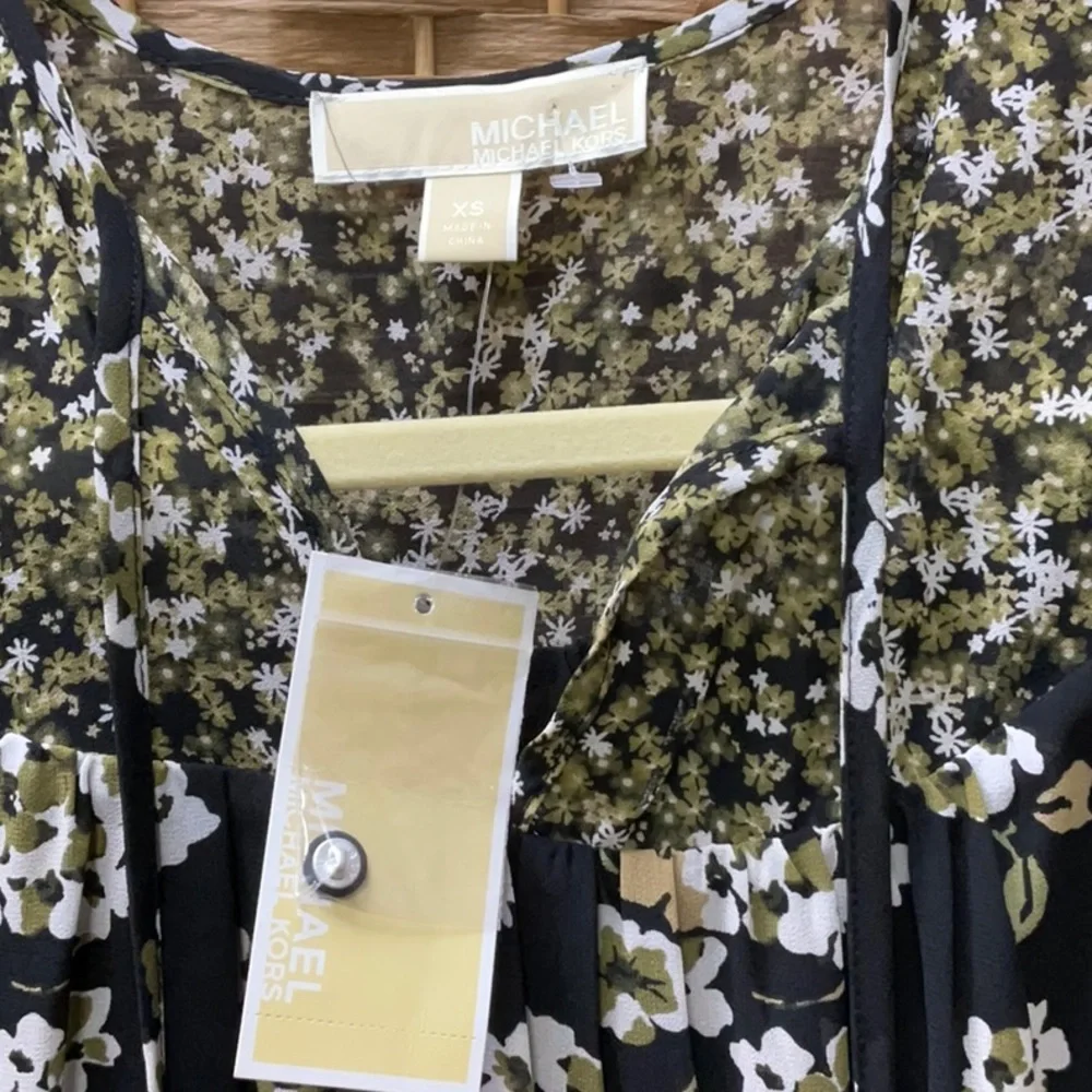 Michael Kors Black Floral Smocked Yoke Long-Sleeve Dress